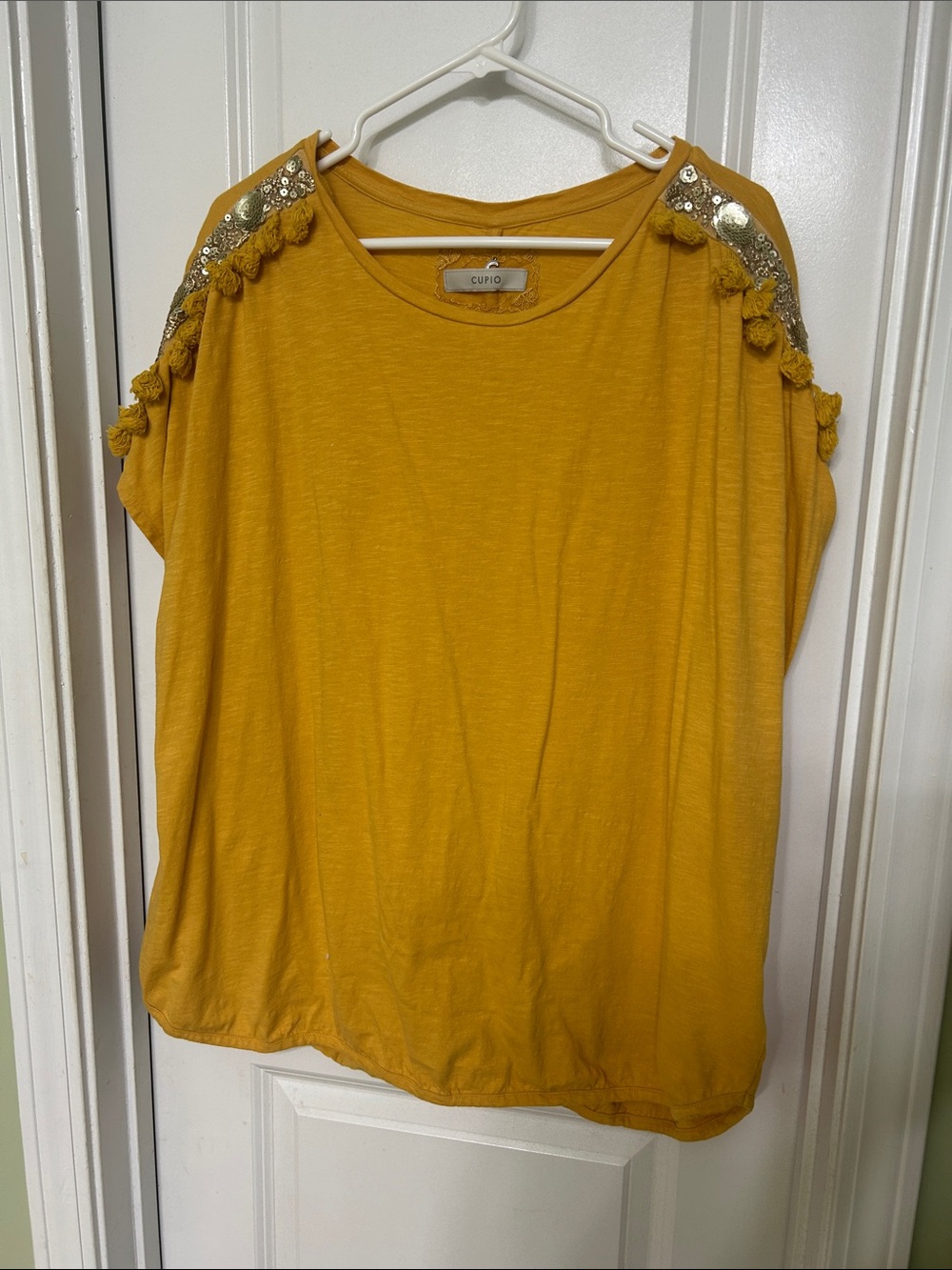 Cupio Mustard Tassel Shoulder Short Sleeve Tee